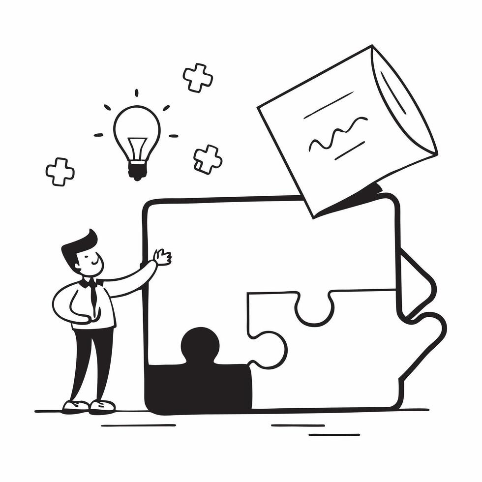 Flat Puzzle piece and briefcase border frame with Marketing Solutions text and copy space concept as A sleek border frame featuring a puzzle piece and briefcase at opposite corners Cleans vector