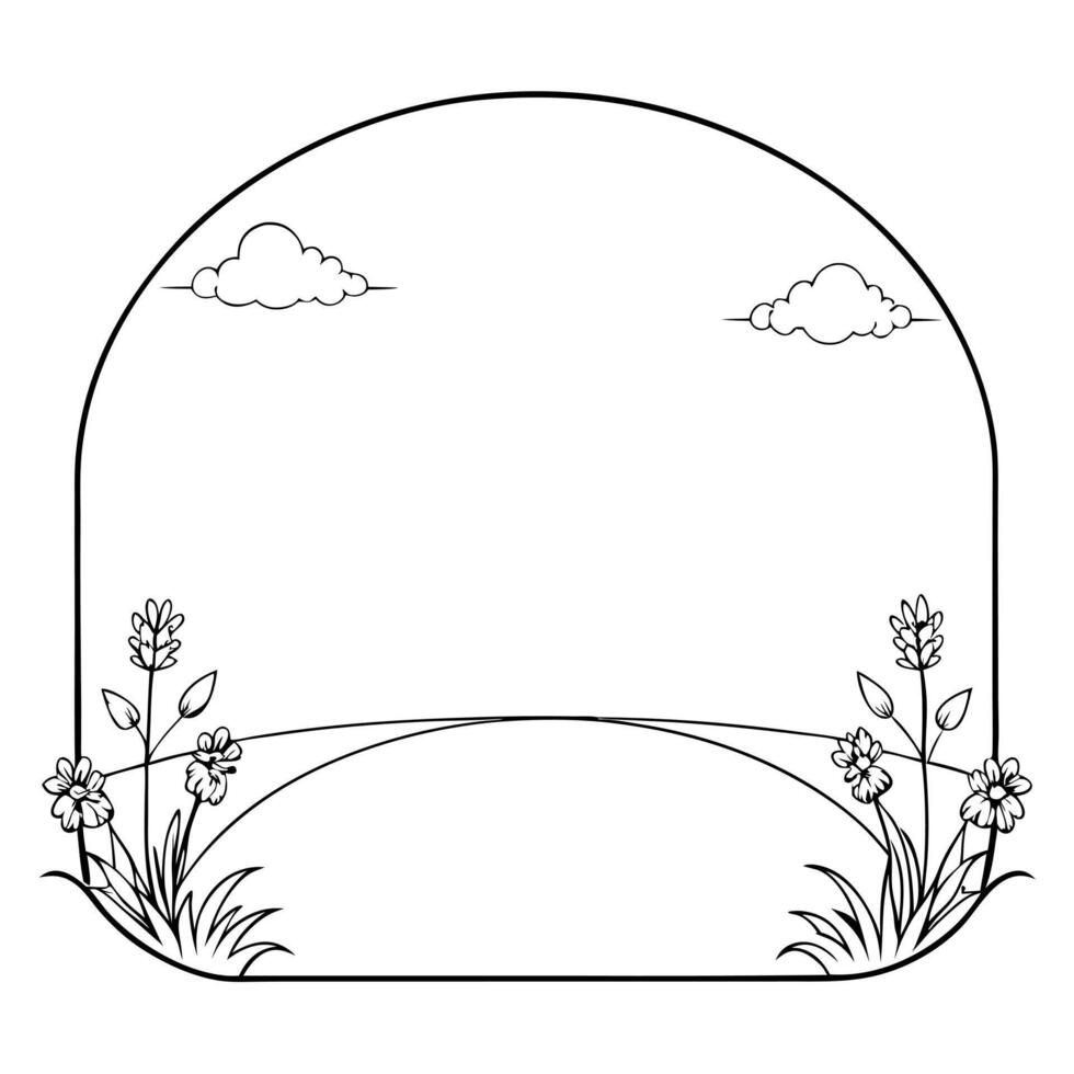 Flat Riverbank and Flowers Border Frame with Copy Space concept as A border frame featuring a riverbank and wildflowers at opposite ends with ample copy space in the middle Whispe Cleans Set 2 vector