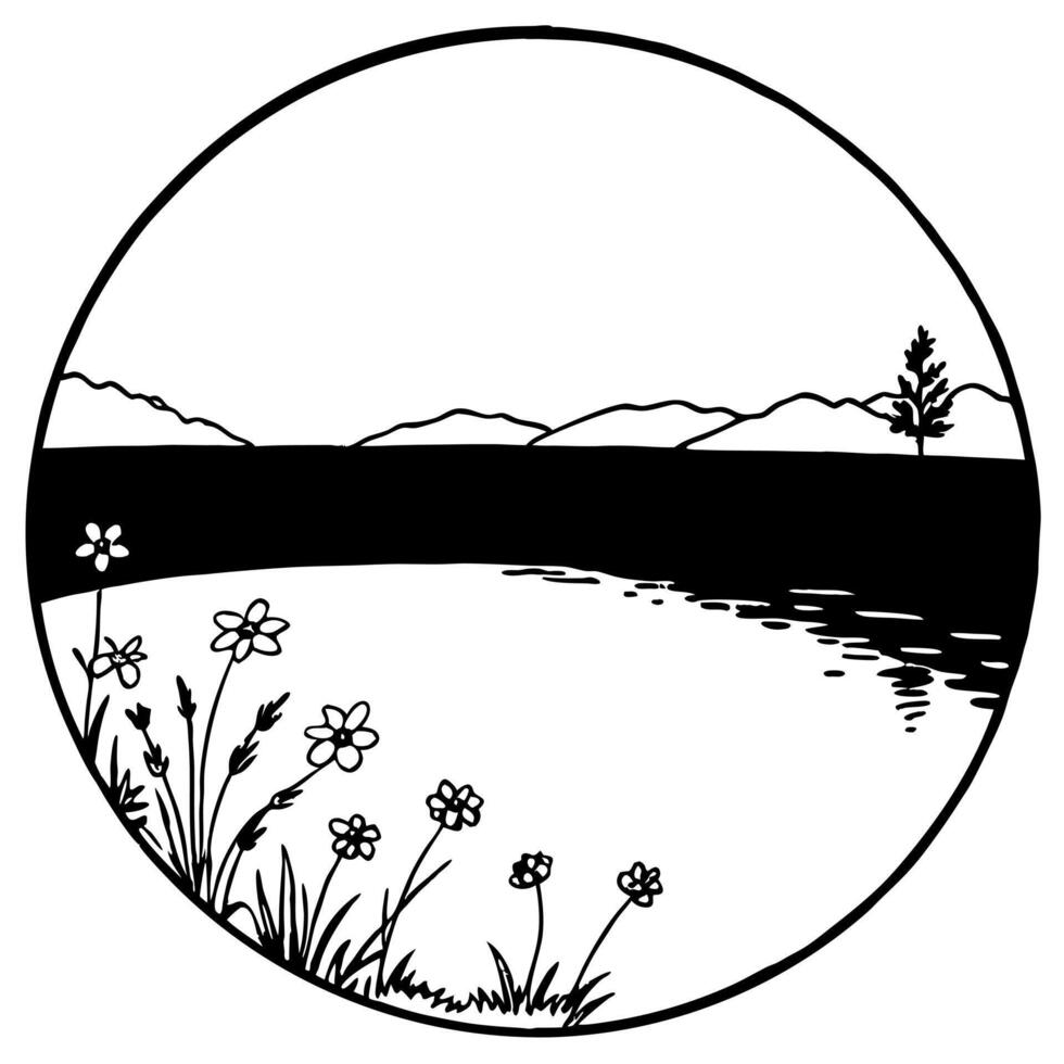 Flat Riverbank and Flowers Border Frame with Copy Space concept as A border frame featuring a riverbank and wildflowers at opposite ends with ample copy space in the middle Whispe Cleans vector