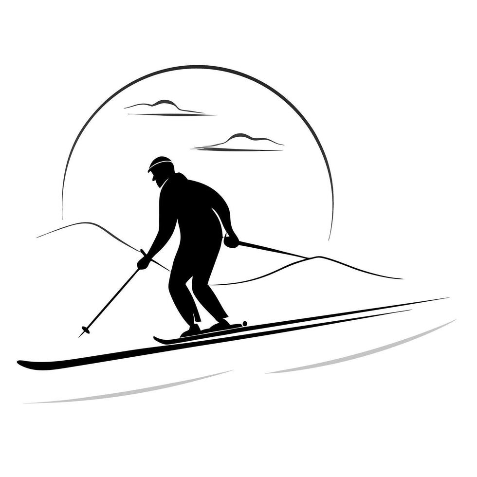 Flat Skier on Glossy Snow Covered Slope at Dusk concept as A skier descending a glossy snow covered slope at dusk with the fading light creating a serene and beautiful scene The g Cleans vector