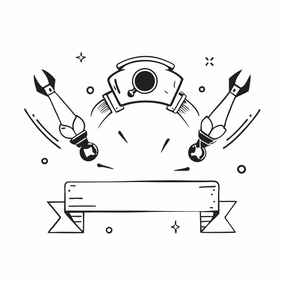 Flat Robotic arm border with futuristic tools framing copy space concept as A border frame featuring stylized robotic arms holding futuristic tools framing a central copy space Th Cleans vector