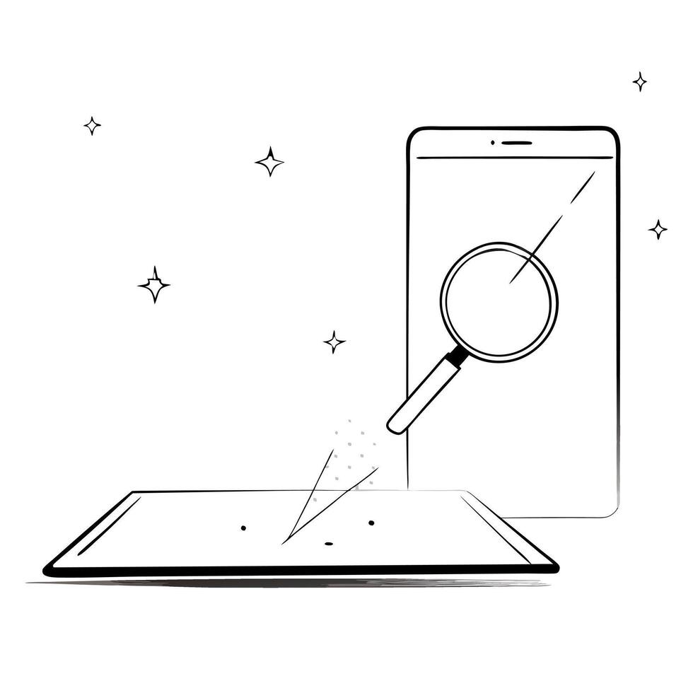 Flat Smartphone with holographic scatter plot and magnifying glass concept as A smartphone on a white surface displaying a holographic scatter plot with a floating magnifying glass Cleans vector
