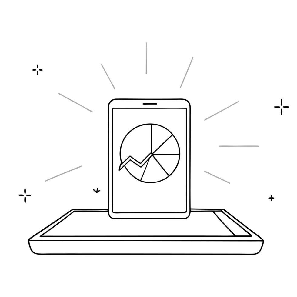 Flat Smartphone with holographic pie chart and line graph concept as A smartphone lies on a white surface with a glowing holographic pie chart and line graph rising from the screen Cleans vector