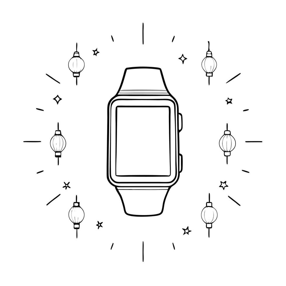 Flat Smartwatch on Holographic Background with Lanterns concept as A smartwatch placed on a holographic background with glowing lanterns surrounding it representing the Mid Autumn Cleans Set 2 vector