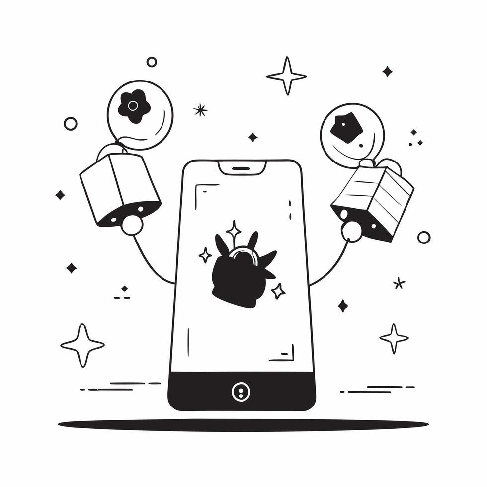 Flat Smartphone with Holographic Mooncake and Lanterns concept as A smartphone on a white background surrounded by holographic mooncakes and lanterns symbolizing Mid Autumn Festiva Cleans Set 3 vector