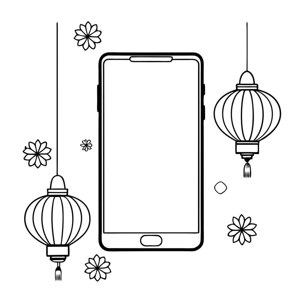 Flat Smartphone with Holographic Mooncake and Lanterns concept as A smartphone on a white background surrounded by holographic mooncakes and lanterns symbolizing Mid Autumn Festiva Cleans vector