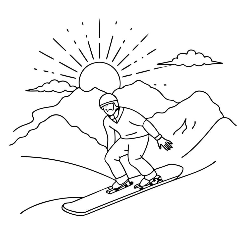 Flat Snowboarder on Glossy Powder Snow in Mountain Range concept as A snowboarder carving through glossy powder snow in a mountain range with the light of the setting sun casting a Cleans vector