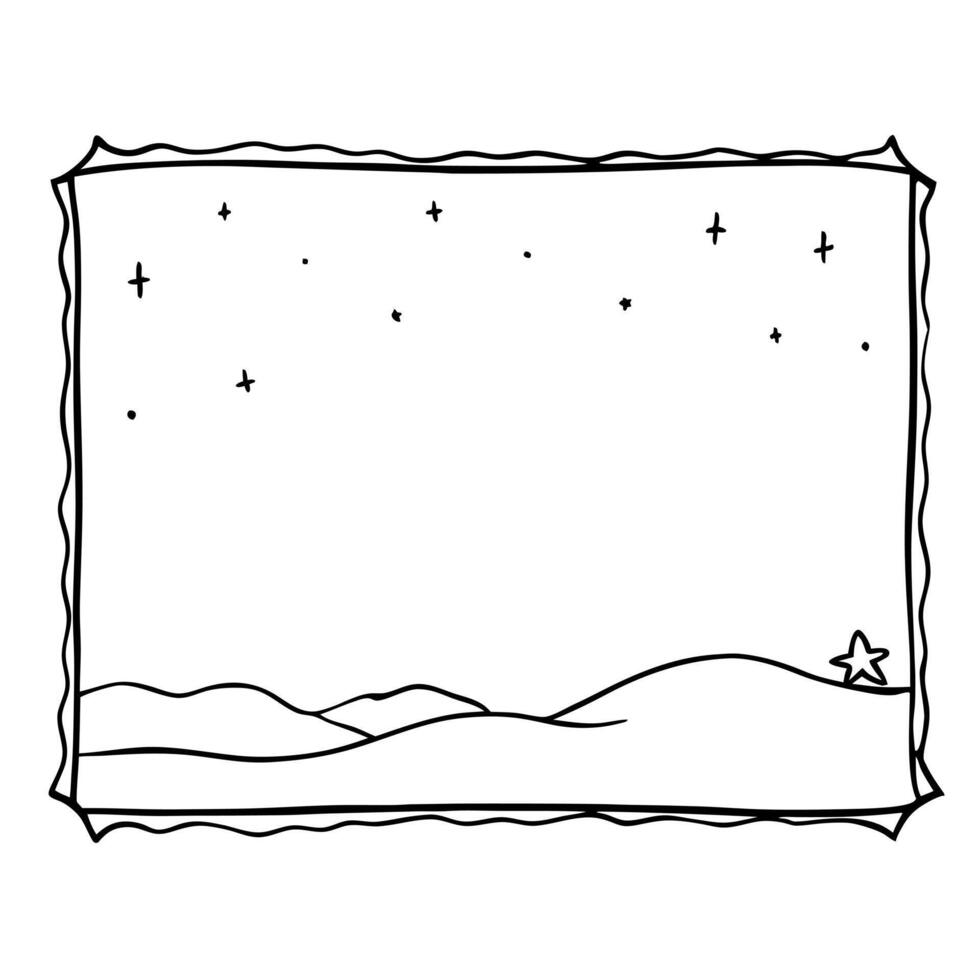 Flat Starry Sky and Desert Border Frame with Copy Space concept as A border frame with a starry sky and desert landscape at opposite ends offering generous copy space in the center Cleans Set 5 vector