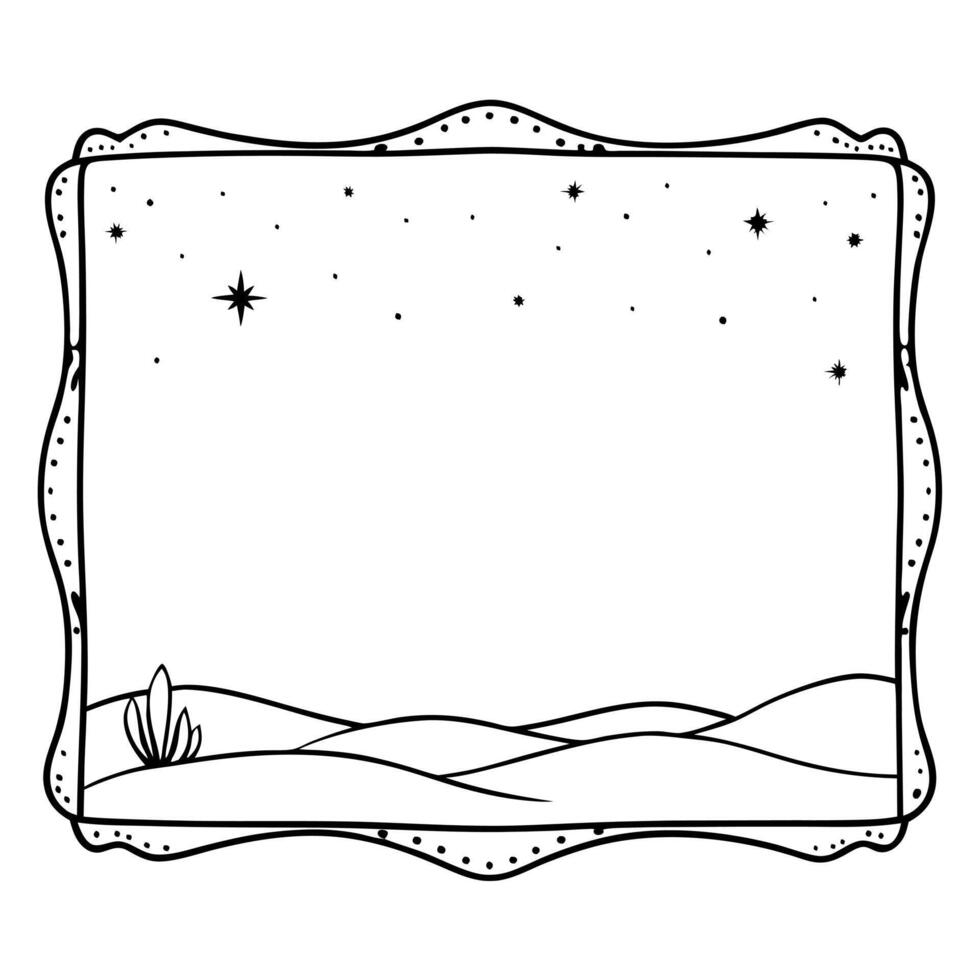 Flat Starry Sky and Desert Border Frame with Copy Space concept as A border frame with a starry sky and desert landscape at opposite ends offering generous copy space in the center Cleans Set 2 vector