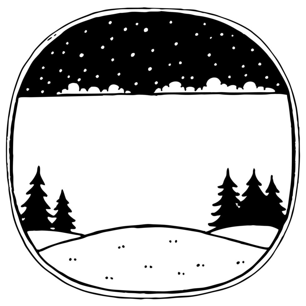 Flat Snowfall and Pine Trees Border Frame with Copy Space concept as A border frame with snowfall and pine trees positioned on opposite sides offering generous copy space in the ce Cleans vector