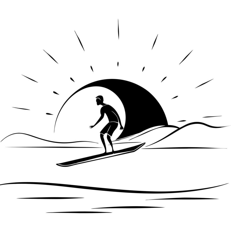 Flat Surfer on Glossy Waves at Sunset concept as A surfer riding glossy waves at sunset with the golden light reflecting on the water The scene captures the thrill and beauty of s Cleans vector