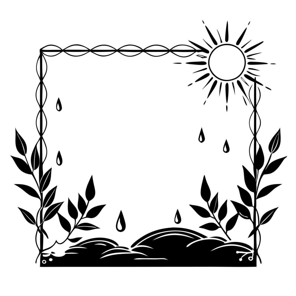 Flat Sunrise and Dew Drops Border with Copy Space concept as A border frame featuring a sunrise and dew drops on leaves at opposite corners with ample copy space in the center Nat Cleans Set 2 vector