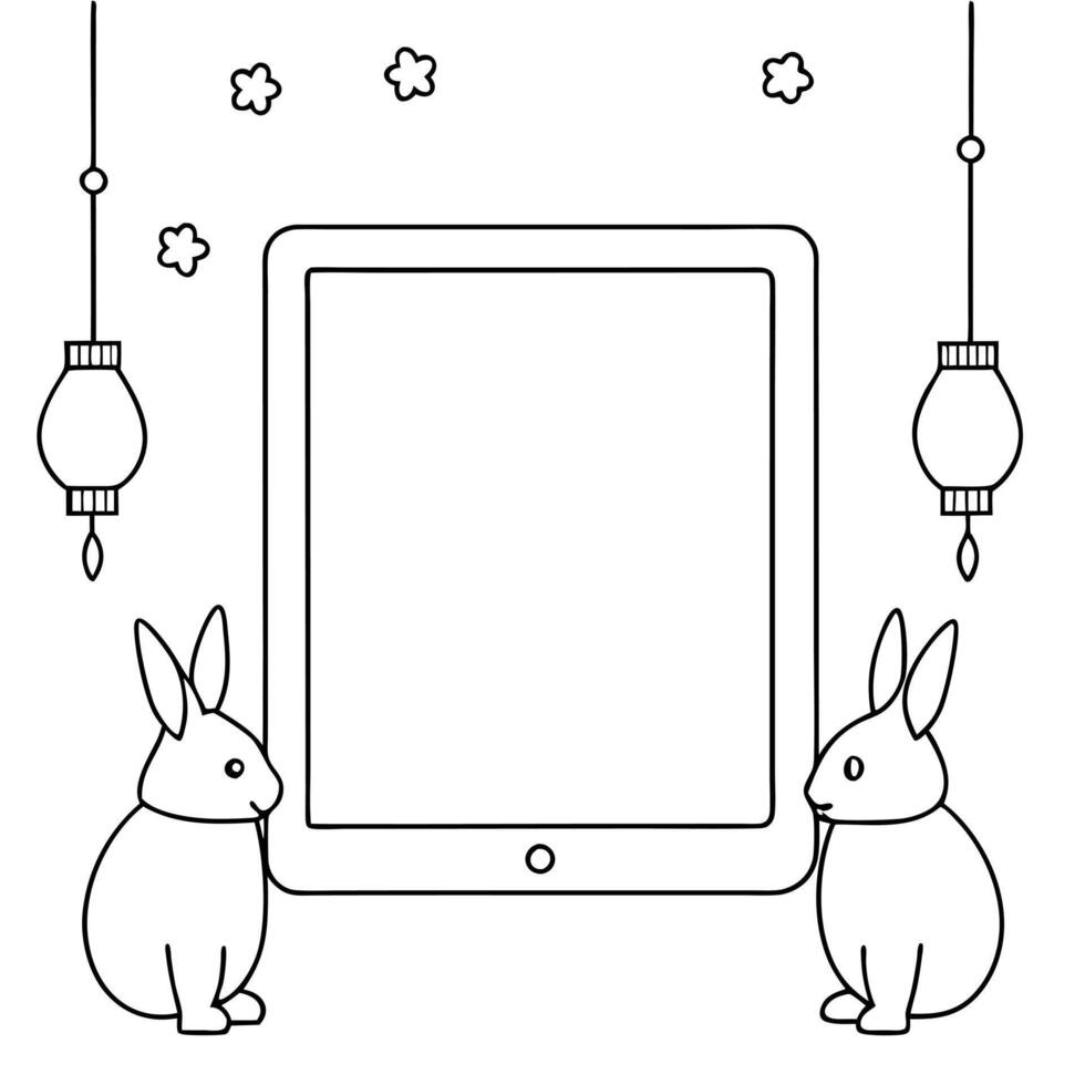Flat Tablet with Holographic Rabbits and Lanterns concept as A tablet on a white background with holographic rabbits and lanterns around it representing Mid Autumn Festival symbols Cleans vector
