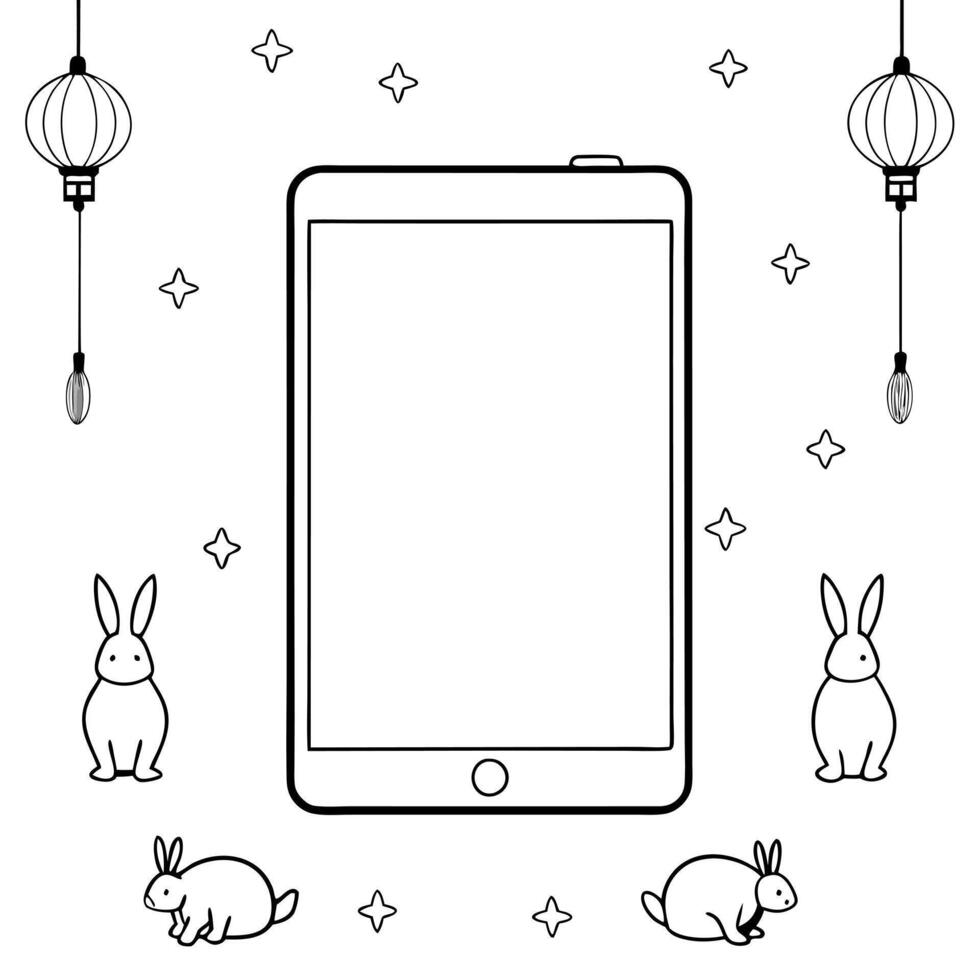 Flat Tablet with Holographic Rabbits and Lanterns concept as A tablet on a white background with holographic rabbits and lanterns around it representing Mid Autumn Festival symbols Cleans Set 2 vector