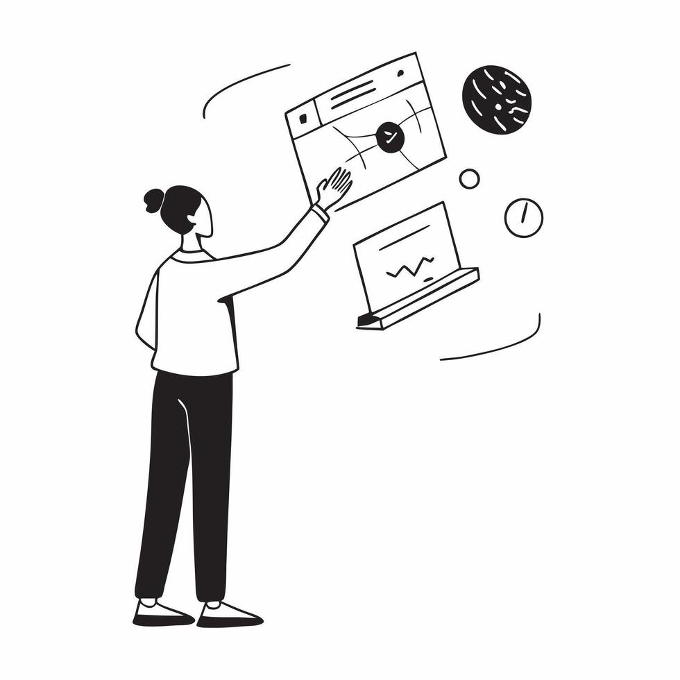 Flat Technologist reviewing holographic interface in an office setting concept as A candid shot of a technologist reviewing a floating holographic interface in a modern office The Cleans vector