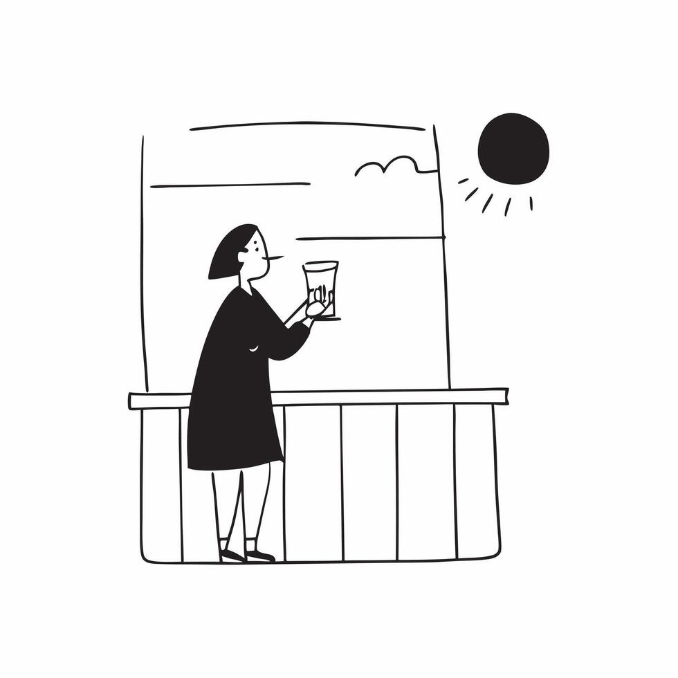 Flat Woman enjoying a glass of wine while watching the sunset from a balcony concept as A candid shot of a woman sipping a glass of wine while watching the sunset from her balcony Cleans vector