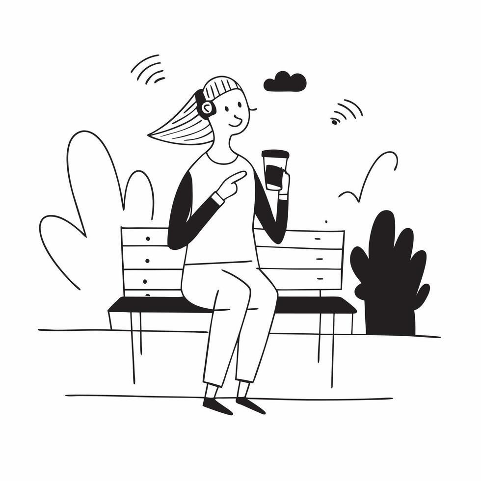 Flat Young woman enjoying a smoothie while sitting on a park bench concept as A candid shot of a young woman enjoying a smoothie while sitting on a park bench The camera captures Cleans vector