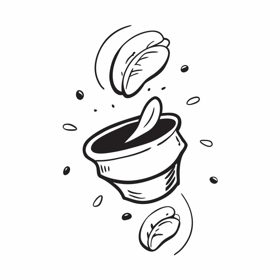 Floating coffee cup with beans forming a spiral with Morning Perk text concept as A dynamic featuring a floating coffee cup with beans creating a spiral pattern paired with Cleans vector