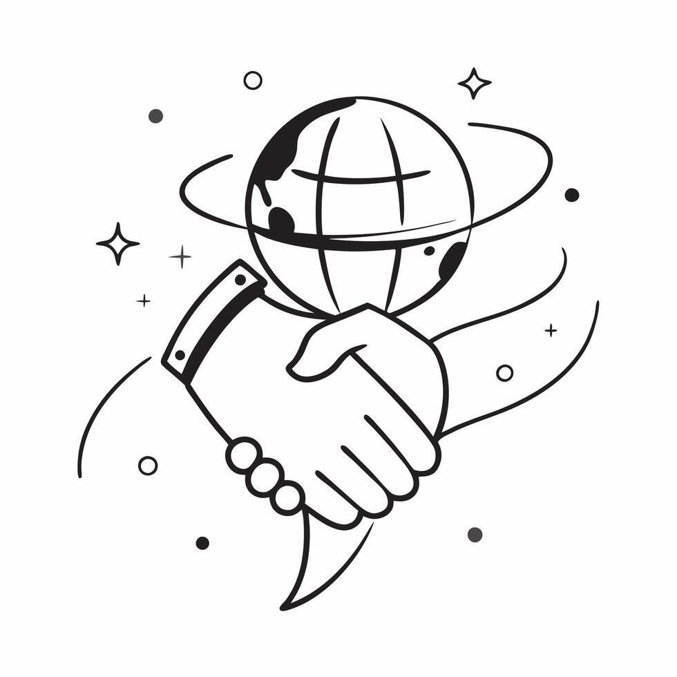 Floating handshake and globe with the word Partnership concept as A design showing a handshake and a globe floating in mid air with the word Partnership prominently displaye Cleans vector