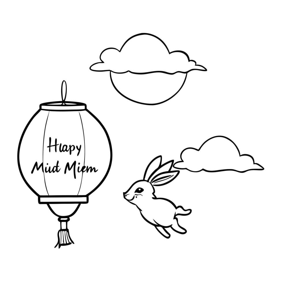 Floating Lantern and Rabbit with Happy Mid Autumn Text concept as A lantern and rabbit floating in mid air with Happy Mid Autumn text isolated on a white background The design sug Cleans vector