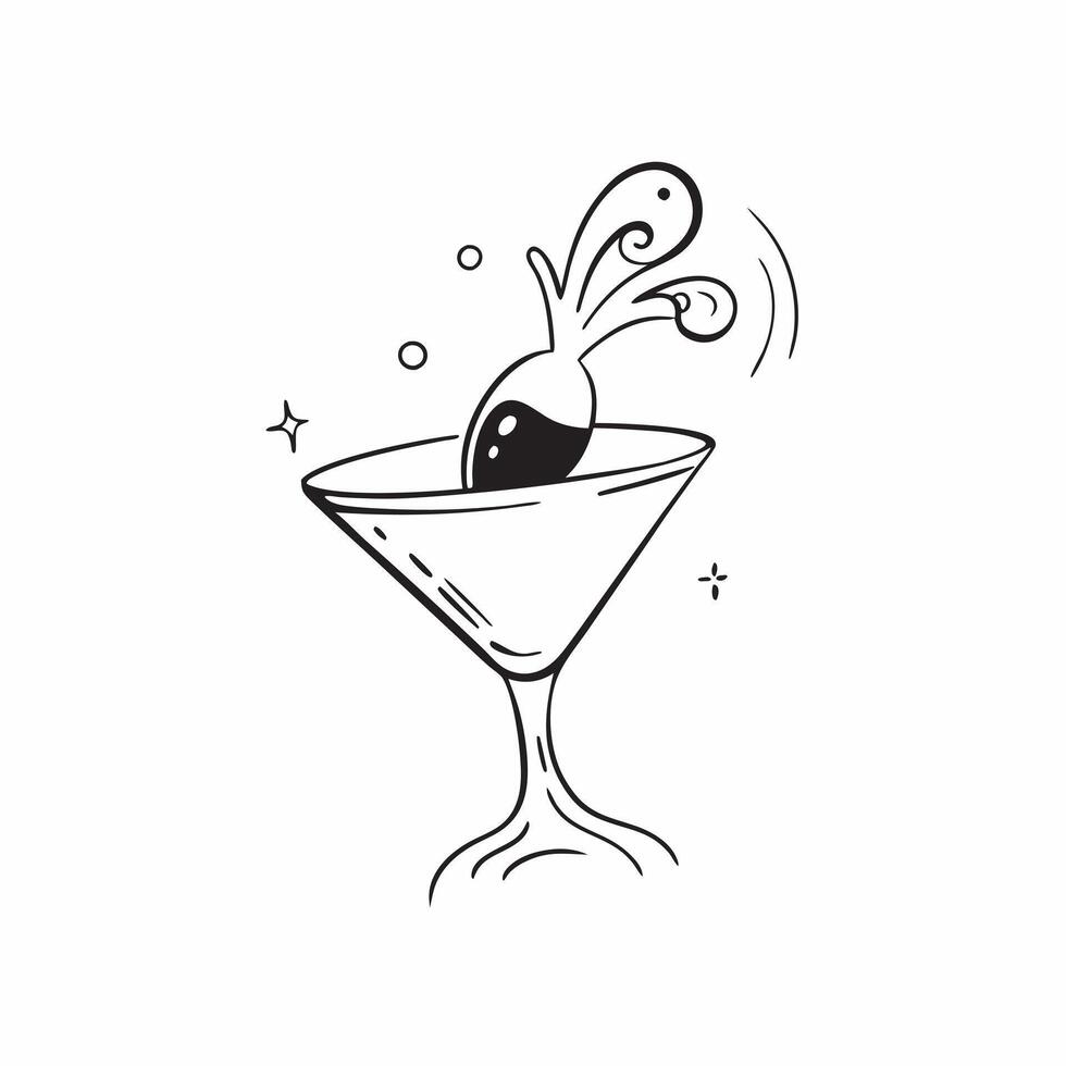 Floating martini glass with olive and splash forming a stylish wave with Classic Twist text concept as A stylish illustration of a floating martini glass with an olive and s Cleans vector