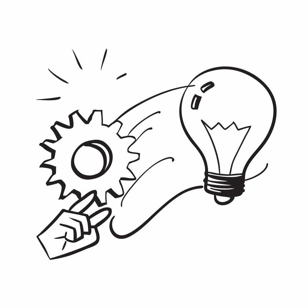 Flying light bulb and cogwheel with the word Creativity concept as A design showing a light bulb and a cogwheel floating in mid air with the word Creativity prominently disp Cleans vector