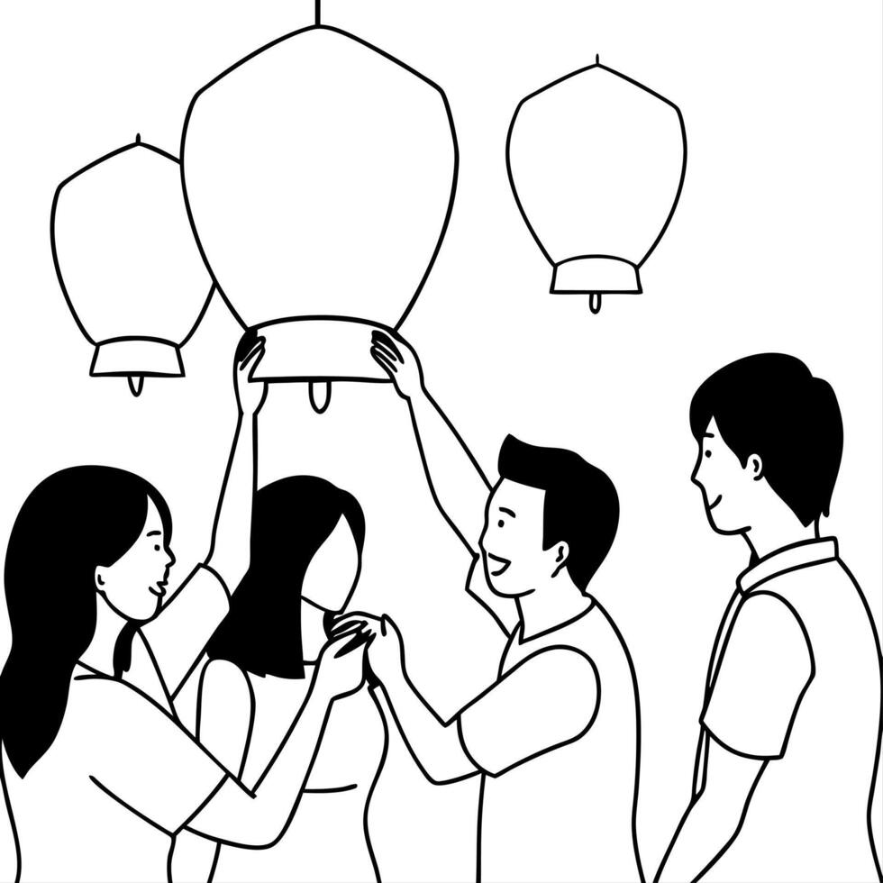Friends Lighting Lanterns at a Mid Autumn Festival Gathering concept as A candid moment of friends lighting lanterns together at a Mid Autumn Festival gathering with genuine smiles Cleans Set 2 vector