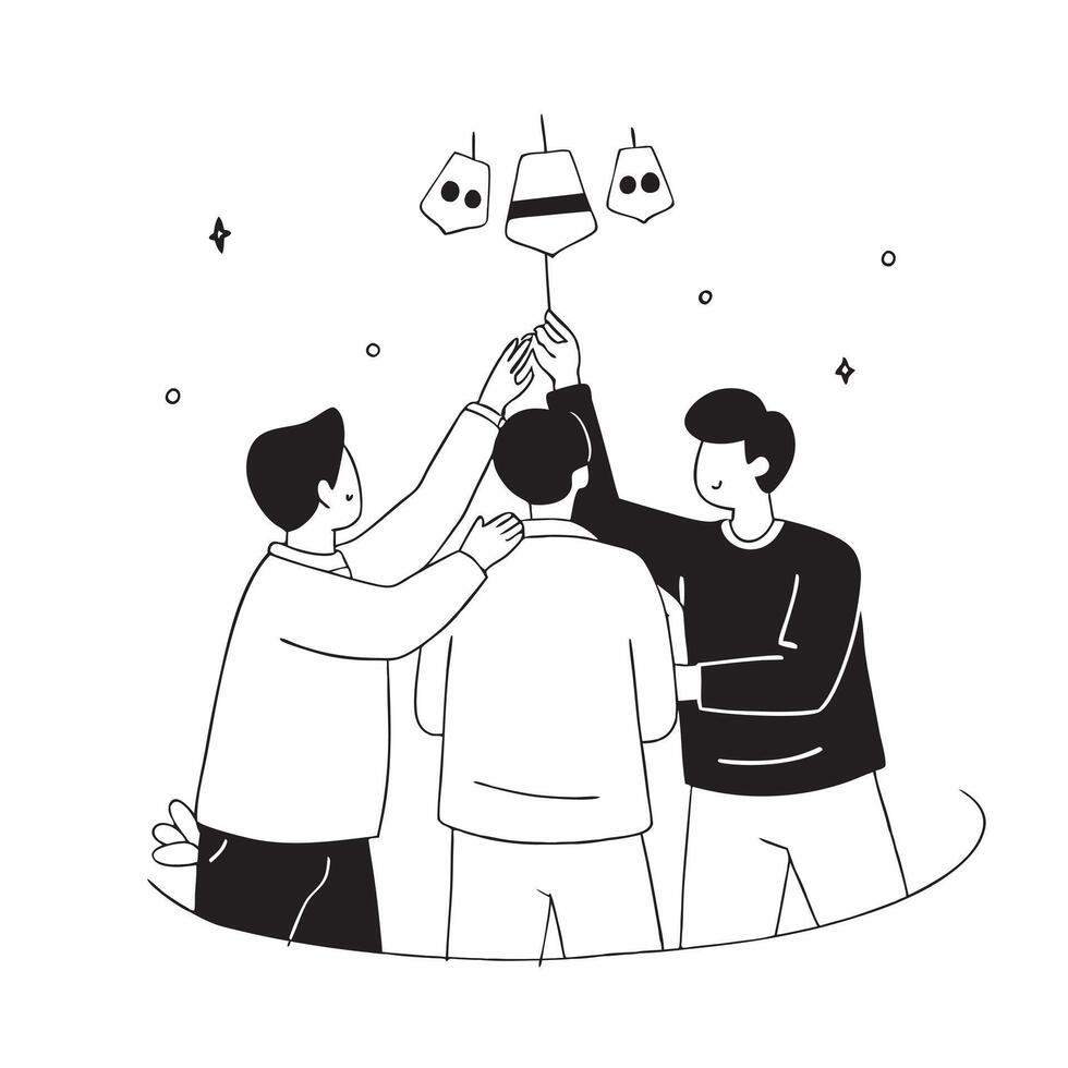 Friends Lighting Lanterns at a Mid Autumn Festival Gathering concept as A candid moment of friends lighting lanterns together at a Mid Autumn Festival gathering with genuine smiles Cleans Set 3 vector