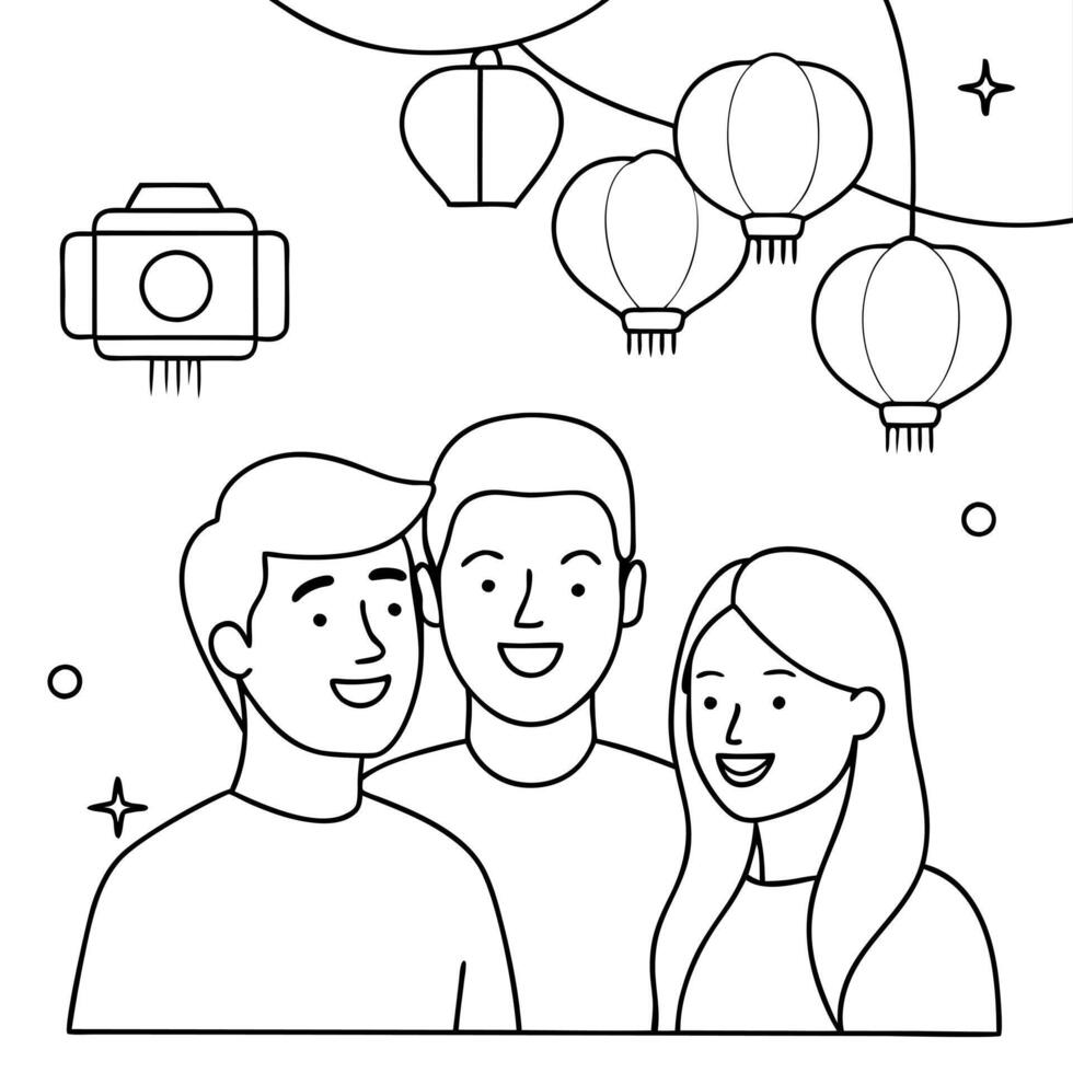Friends Taking a Selfie with Lanterns at Mid Autumn Festival concept as A candid shot of friends taking a selfie together with glowing lanterns in the background during the Mid Aut Cleans Set 2 vector