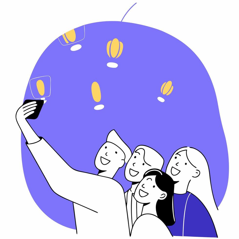 Friends Taking a Selfie with Lanterns at Mid Autumn Festival concept as A candid shot of friends taking a selfie together with glowing lanterns in the background during the Mid Aut Cleans Set 3 vector