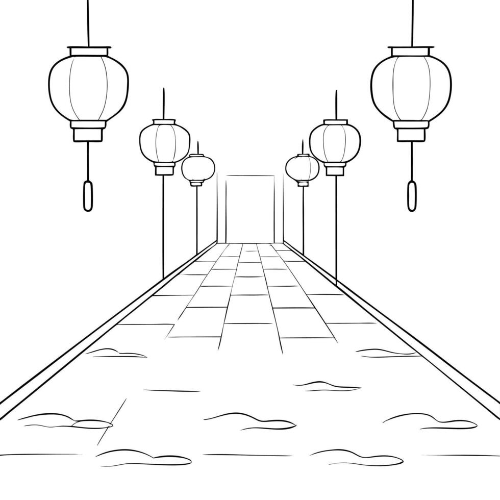 Glossy Alley with Lanterns and Reflections for Mid Autumn Festival concept as A glossy alleyway adorned with lanterns creating a reflective and intimate Mid Autumn Festival backgro Cleans Set 2 vector