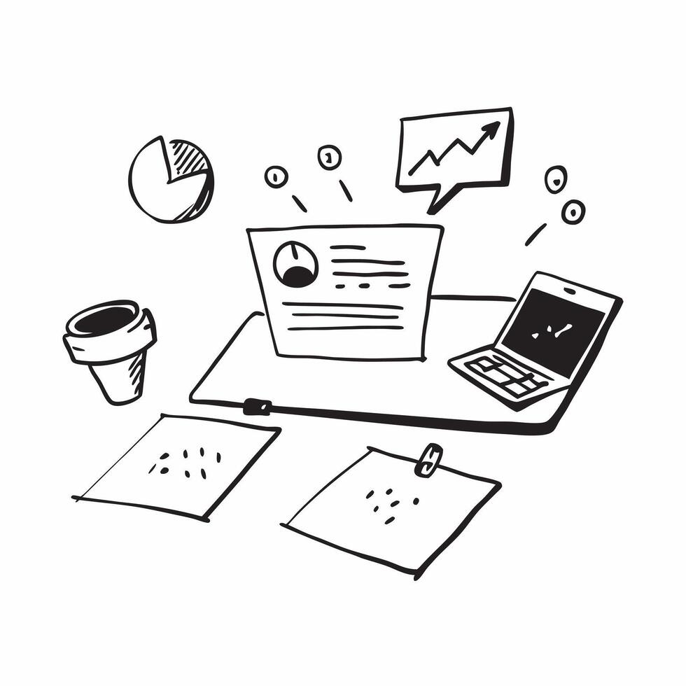 Glossy conference room table with marketing reports and a laptop concept as A high angle shot of a glossy conference room table with marketing reports and a sleek laptop placed on Cleans vector