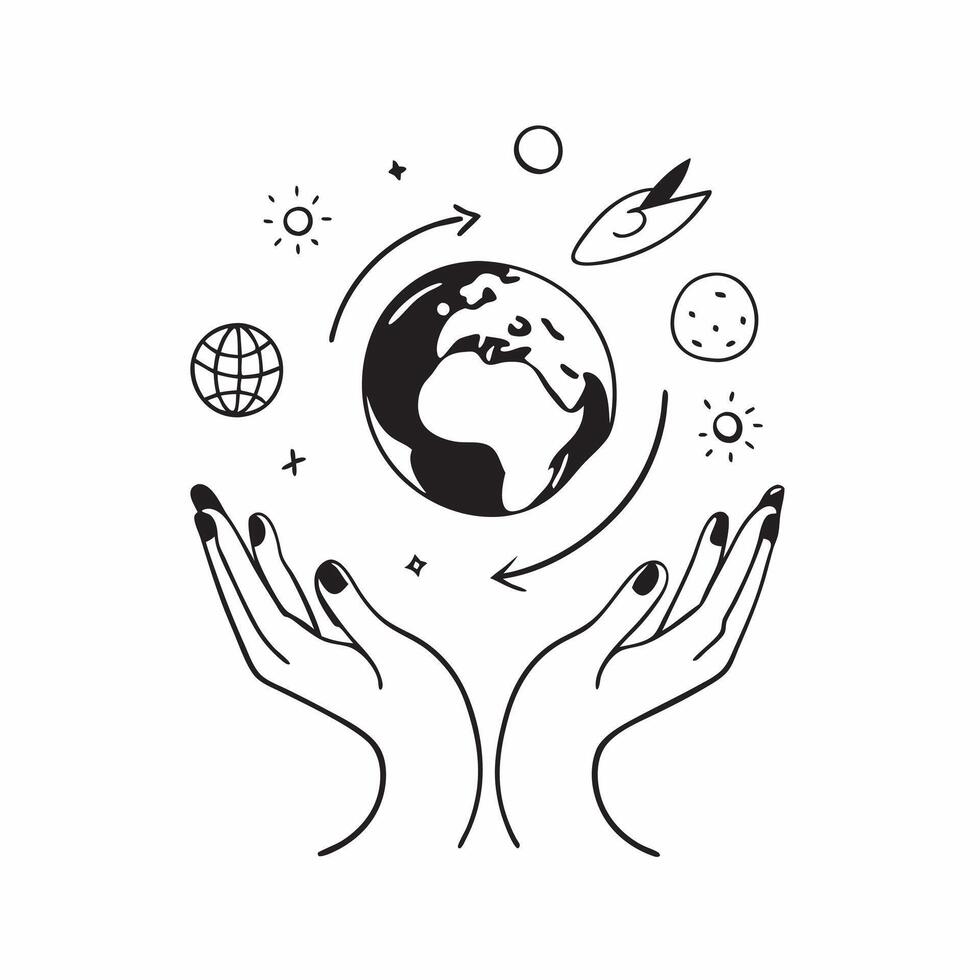 Glossy earth and hands with holographic protection symbols and climate action text concept as A sleek image featuring a glossy earth held by hands with floating holographic symbols Cleans vector