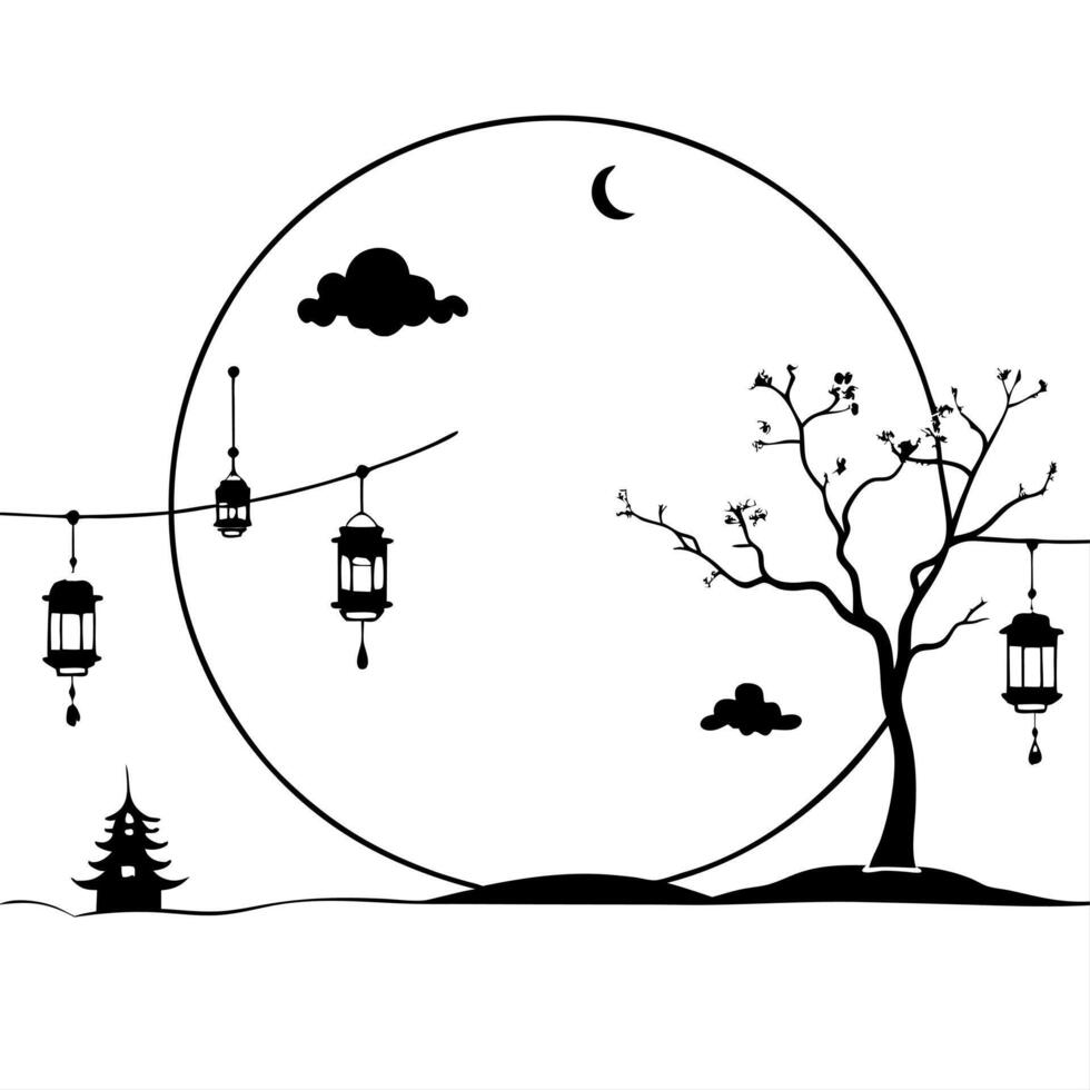 Glossy Full Moon with Silhouettes for Mid Autumn Festival concept as A glossy background featuring the full moon with silhouettes of trees and lanterns creating a mystical and refl Cleans vector
