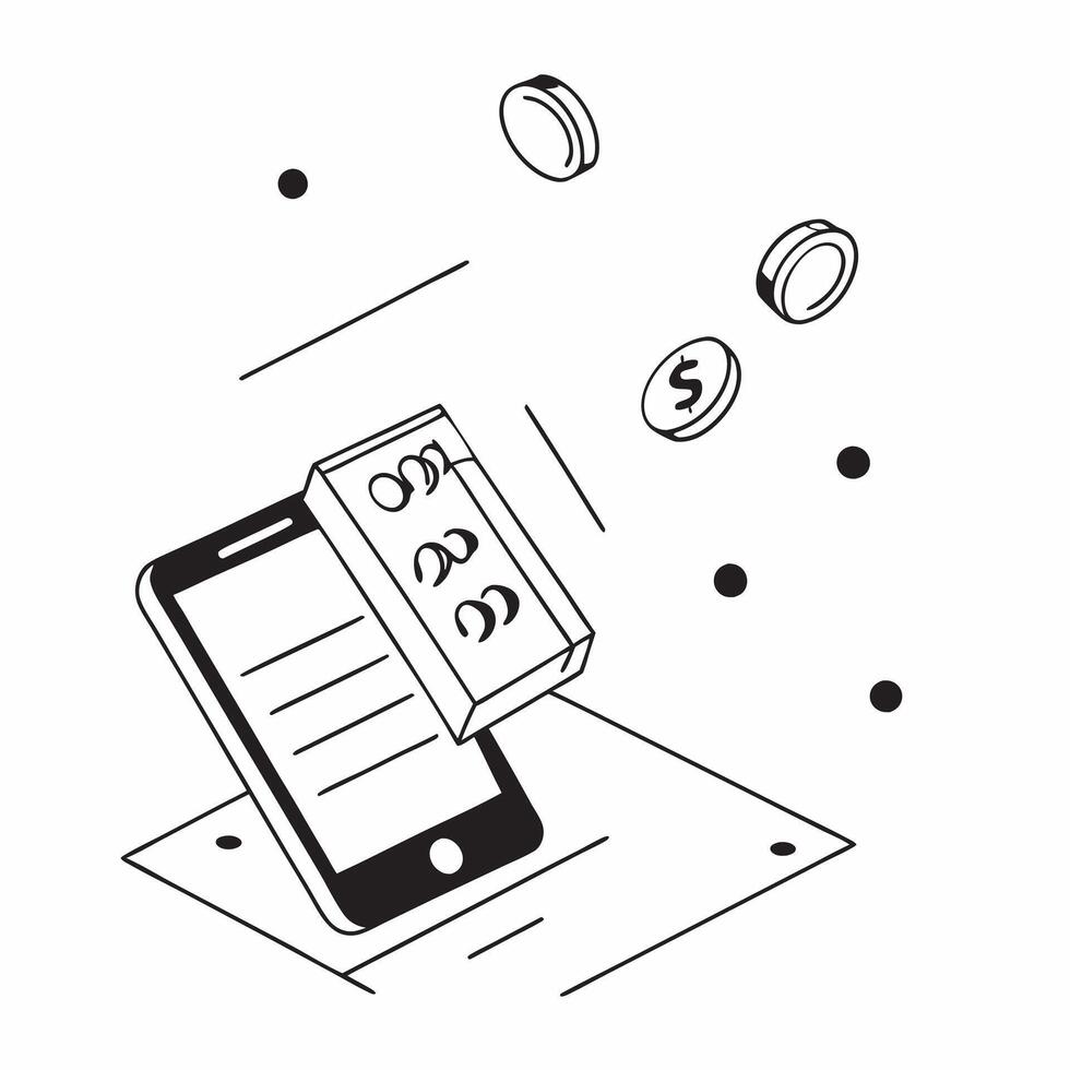 Glossy smartphone with floating holographic coins and a calculator display concept as A straight on shot of a glossy smartphone with floating holographic coins and a calculator dis Cleans vector