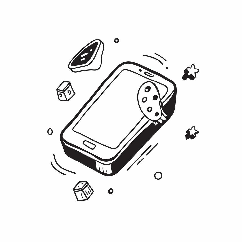 Glossy smartphone on a reflective surface with floating holographic beverage icons and plenty of copy space concept as Close up of a modern smartphone placed on a glossy reflective Cleans vector