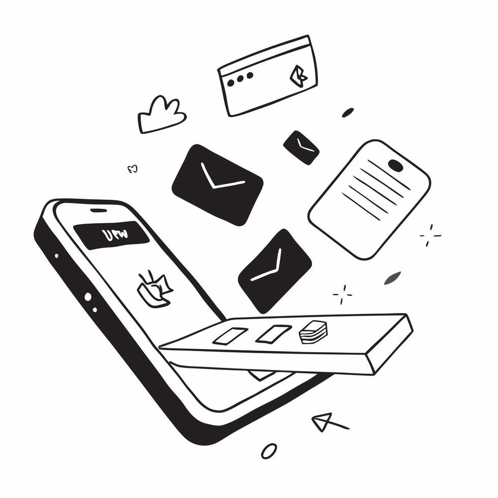 Glossy smartphone with floating marketing emails and notifications concept as A high angle shot of a glossy smartphone on a desk with floating marketing emails and notifications ho Cleans vector
