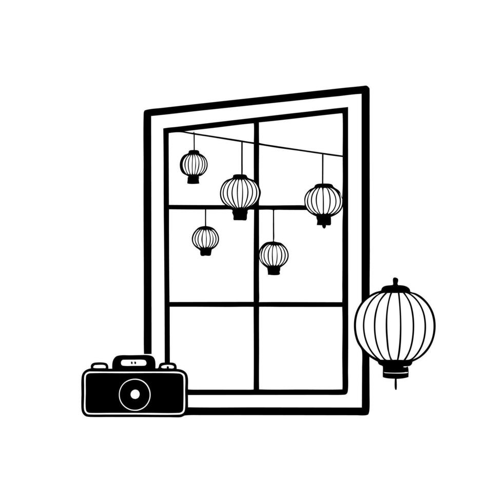 Glossy Window View of Mid Autumn Festival Celebration concept as A glossy window view overlooking a Mid Autumn Festival celebration with lanterns and decorations visible through th Cleans Set 2 vector