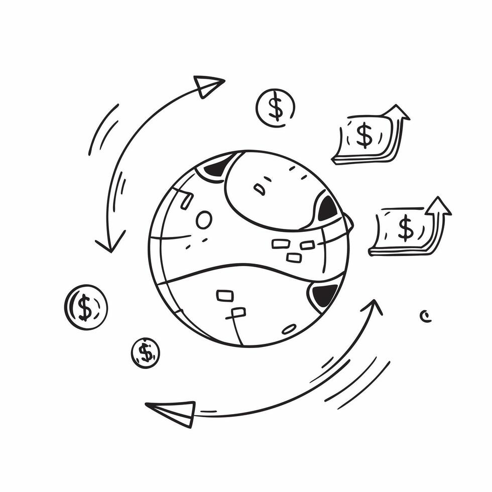 Glowing abstract globe with currency symbols orbiting around concept as A glowing abstract globe with currency symbols orbiting around it representing global finance The camera ro Cleans vector