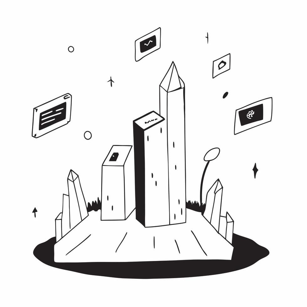 Glowing digital cityscape with futuristic skyscrapers concept as A glowing abstract digital cityscape with towering futuristic skyscrapers illuminated by neon lights and holographi Cleans vector