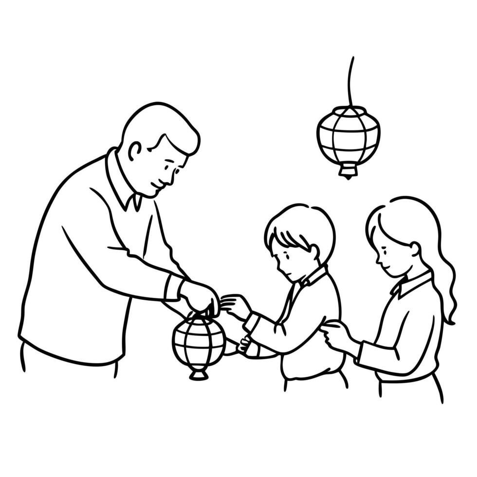 Grandparents Teaching Grandchildren to Make Lanterns concept as A candid capture of grandparents teaching their grandchildren how to make lanterns during the Mid Autumn Festival wi Cleans vector