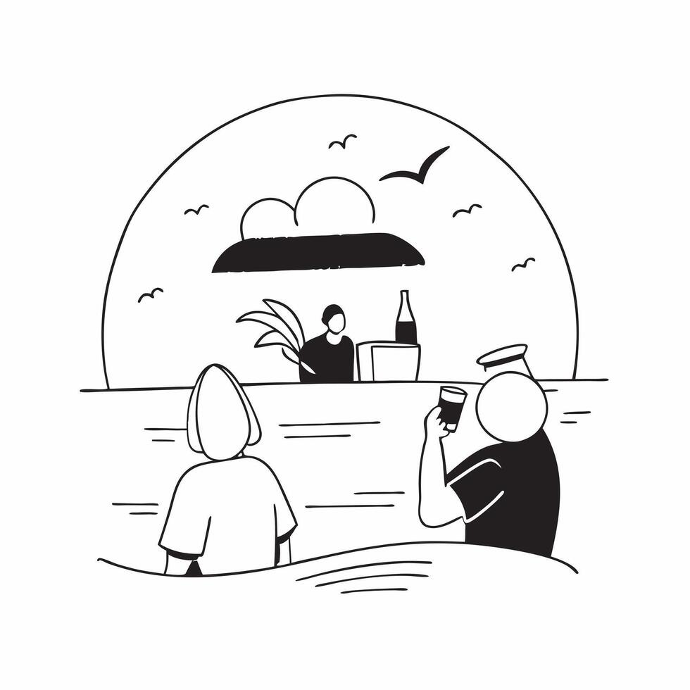 Group of friends enjoying cocktails at a beach bar during sunset concept as A candid shot capturing a group of friends enjoying cocktails at a beach bar during sunset The camera c Cleans vector
