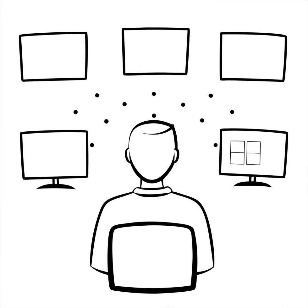 IT specialist monitoring glossy network data concept as An IT specialist is seated in a darkened control room monitoring glossy network data displayed on multiple screens The back Cleans vector