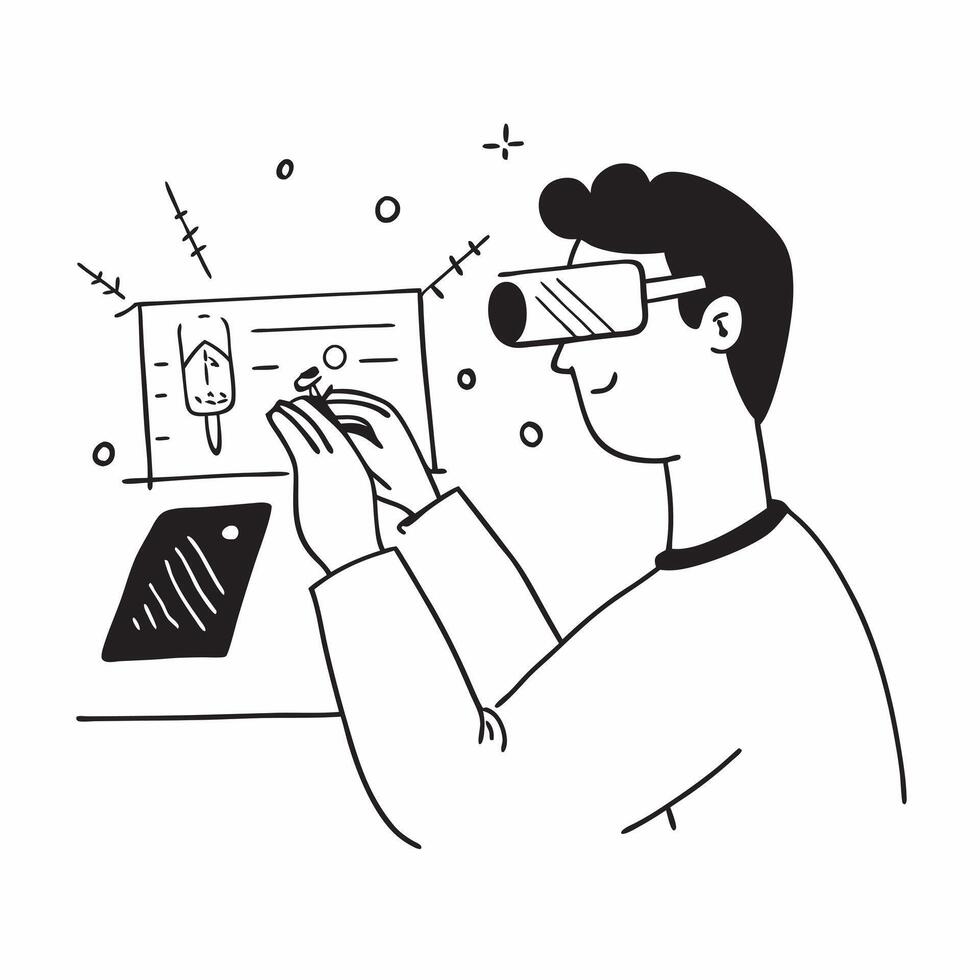 Innovator candidly testing a prototype with augmented reality concept as A candid photo of an innovator testing a prototype using augmented reality glasses in a tech lab The image Cleans vector