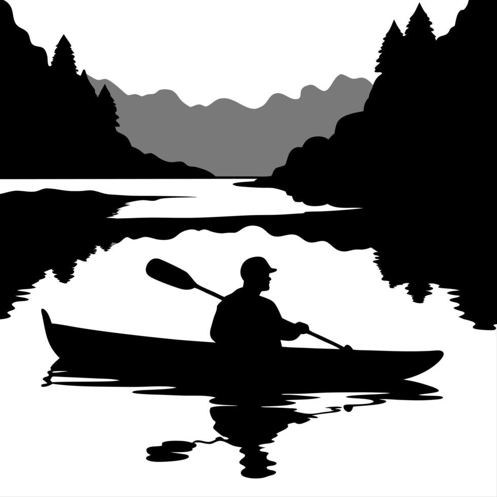 Kayaker on Glossy River during Morning Mist concept as A kayaker paddling on a glossy river shrouded in morning mist with soft light reflecting on the water The scene is calm and Cleans vector