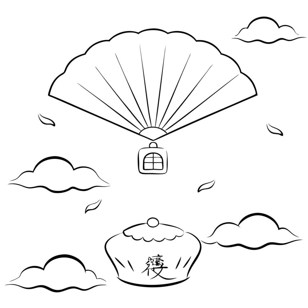 Levitating Mooncake and Fan with Mid Autumn Joy Text concept as A mooncake and traditional fan levitating above a white background with Mid Autumn Joy text The elements are arrang Cleans Set 2 vector
