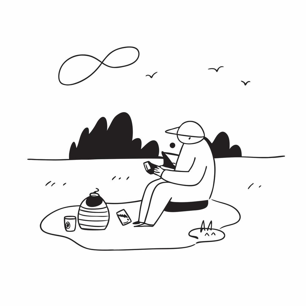 Man enjoying a cold drink while fishing at a peaceful lake concept as A candid shot of a man sitting by a peaceful lake enjoying a cold drink while fishing The camera captures the Cleans vector