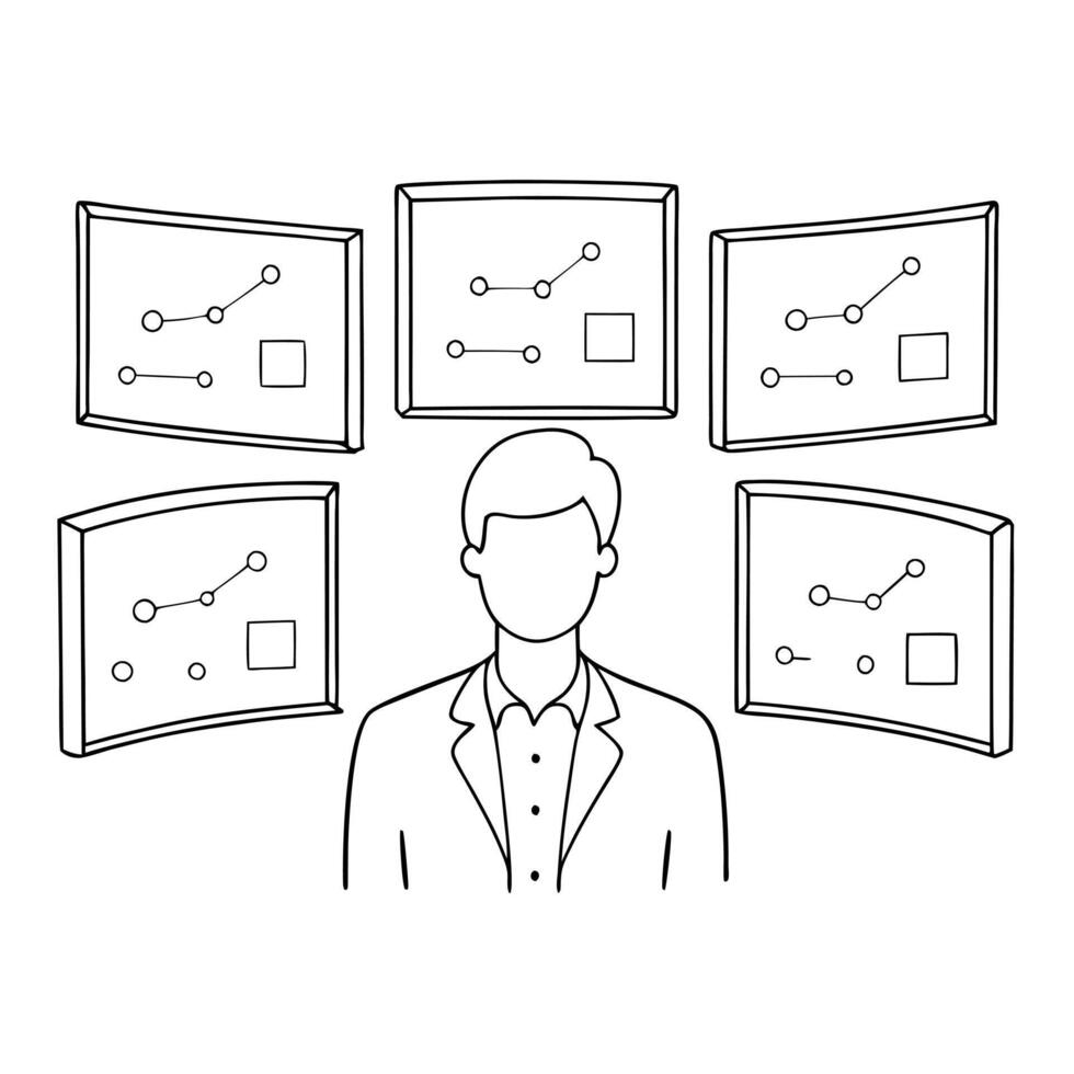 Operations manager optimizing glossy workflow data concept as An operations manager is focused on a large glossy workflow data dashboard displayed on multiple screens The backgrou Cleans vector