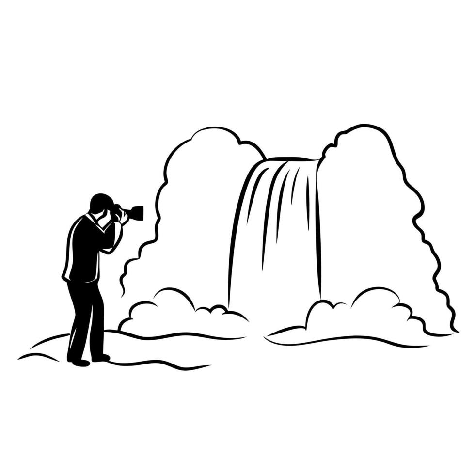 Photographer Capturing Glossy Waterfall in Lush Forest concept as A photographer capturing a glossy waterfall surrounded by lush greenery with light reflecting off the water The s Cleans Set 2 vector
