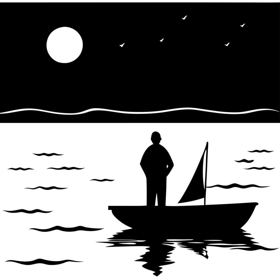 Sailor on Glossy Ocean at Twilight concept as A sailor navigating a glossy ocean at twilight with the last light of the day reflecting off the water The scene captures the calm an Cleans vector